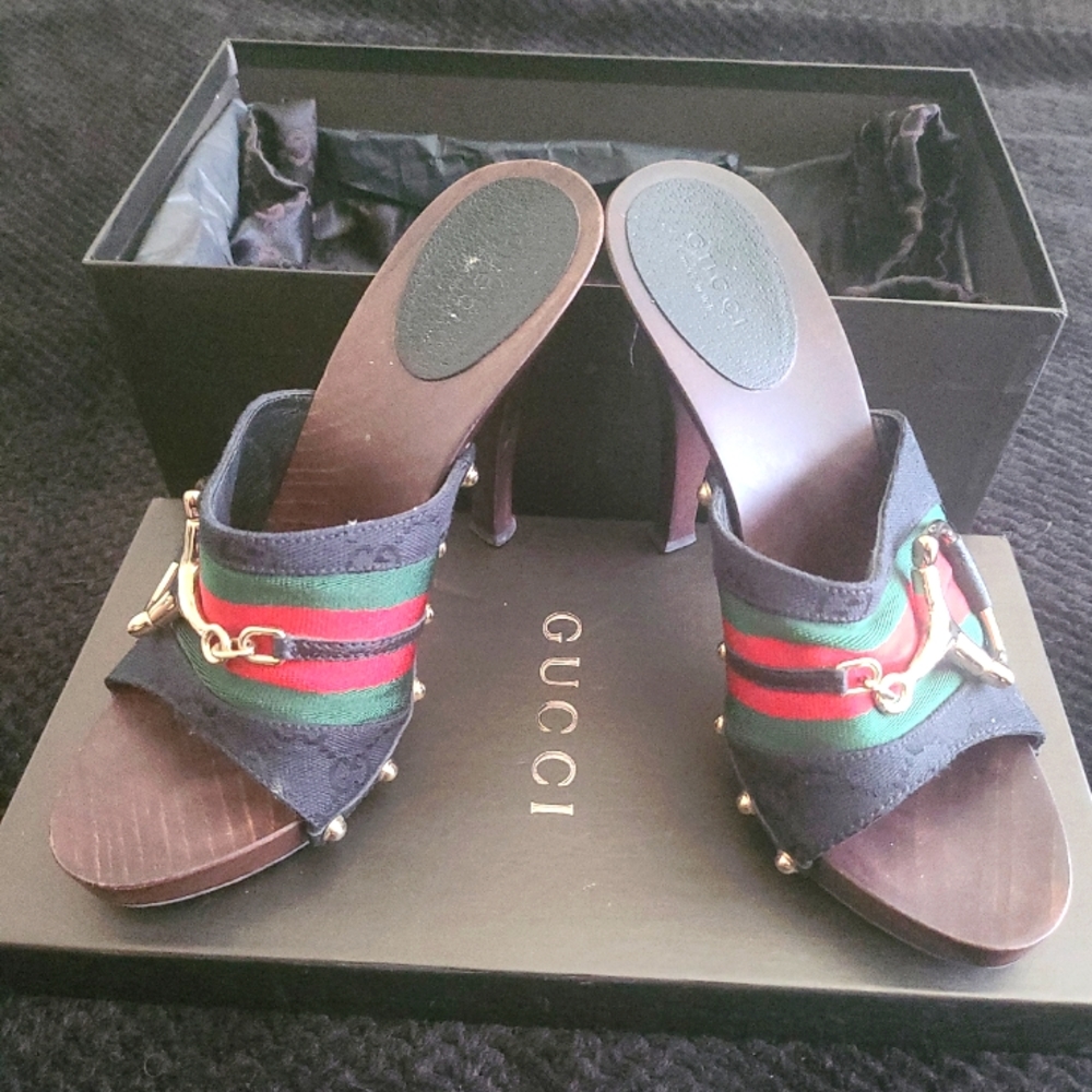 Gucci Web Stripe Bkack Red Green with Horsebit Buckle accent Heels.